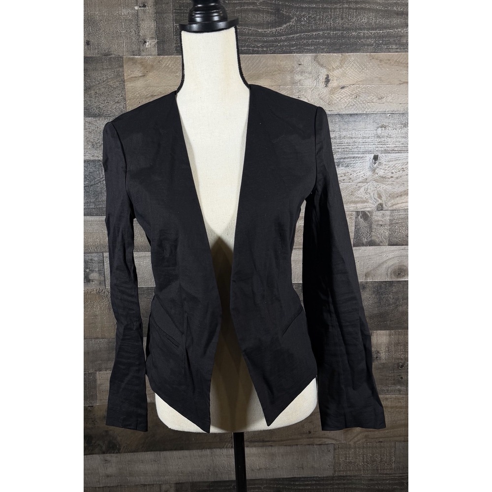 Theory Women's Black Blazer Open Front Pocket Minimalist Sz 4 Linen Blend
